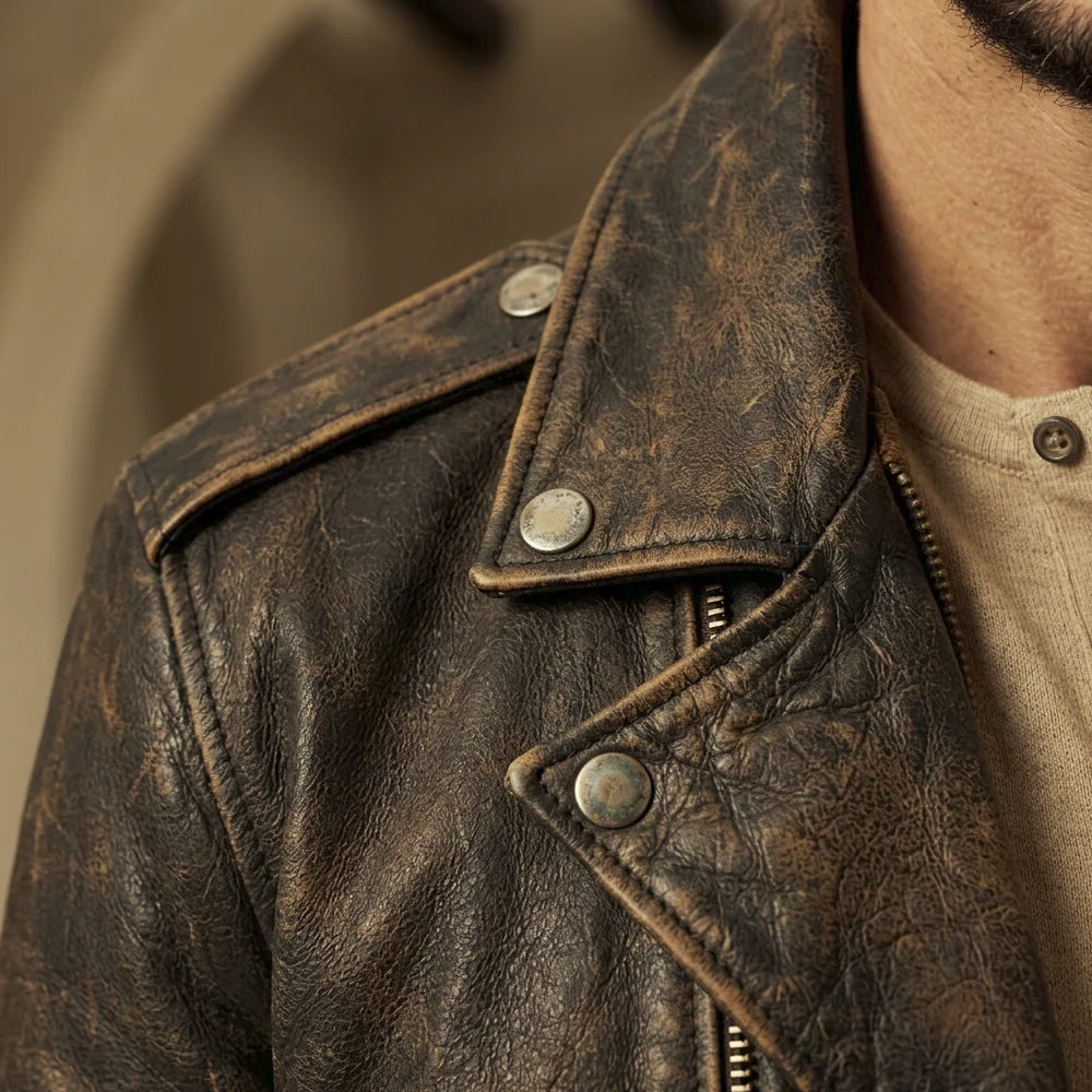 Close-up of hand-waxed leather lapel and shoulder epaulette with antiqued snaps, tonal stitching and rubbed brown highlights