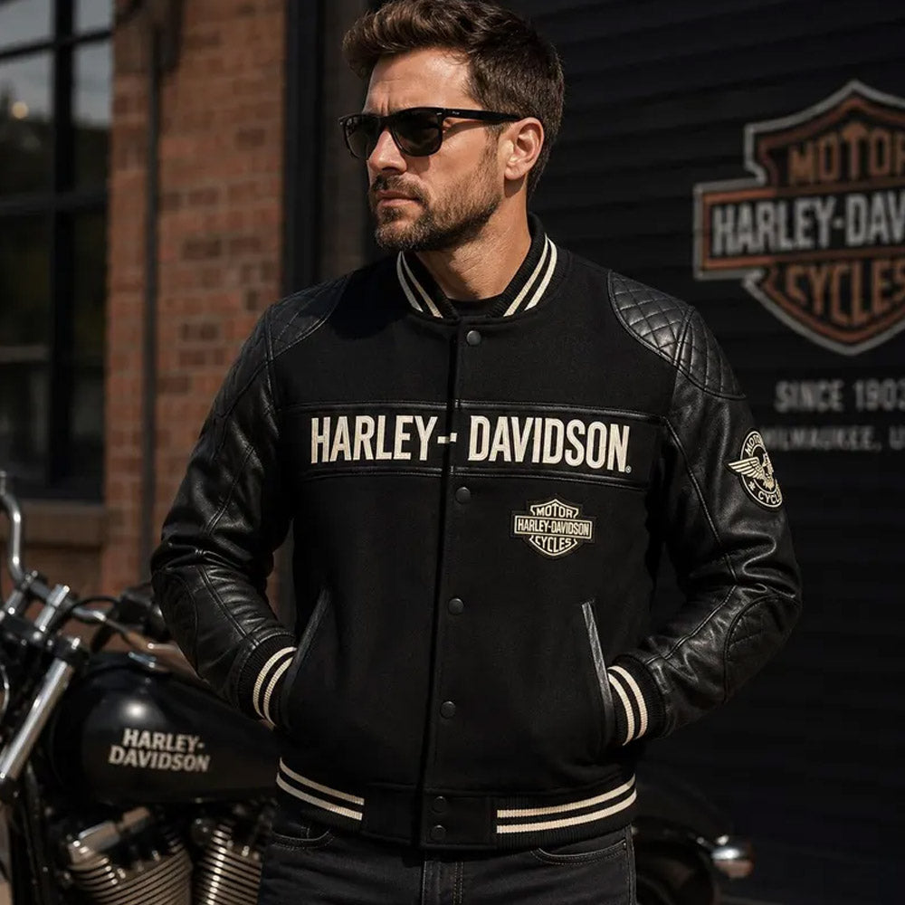 Man wearing Harley-Davidson inspired biker bomber jacket beside motorcycle