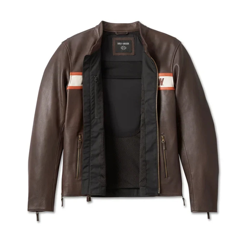 Interior view of the Harley-Davidson jacket showing the smooth moisture-wicking polyester lining, internal pocket, and authentic neck label.