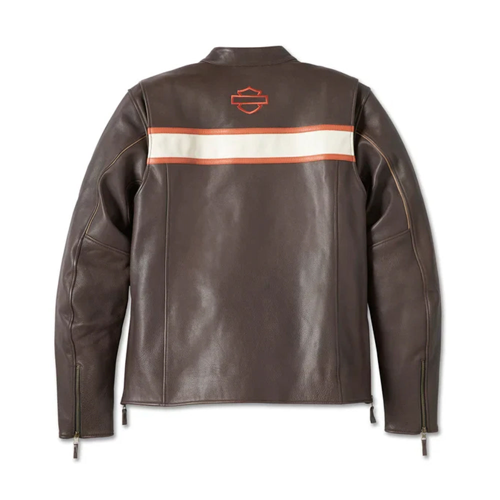 The clean and sleek back profile of a premium brown leather motorcycle jacket with reinforced stitching and a tailored fit for riders.