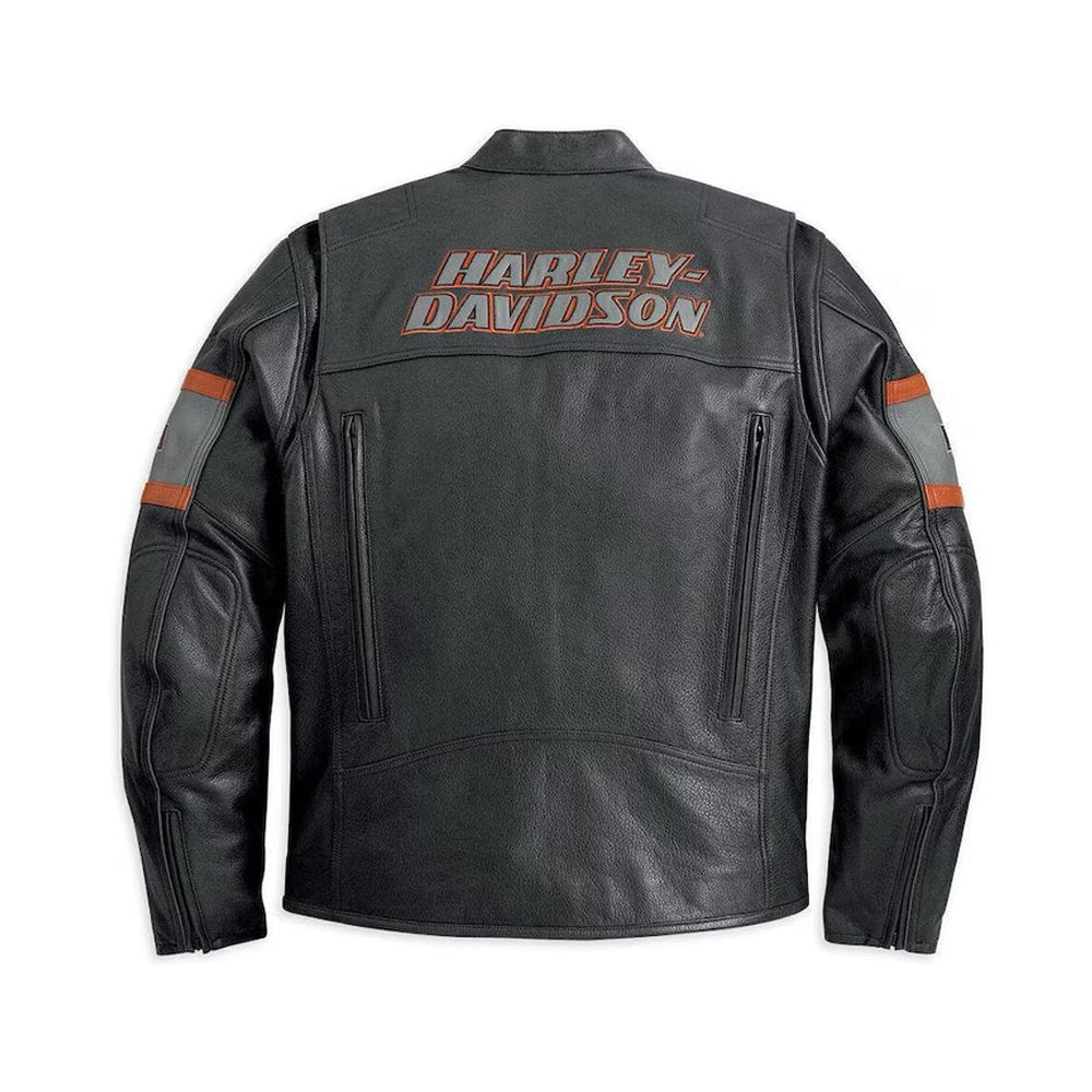 Rear view of Harley-Davidson jacket showing the large embroidered brand logo and vertical cooling vents for airflow.
