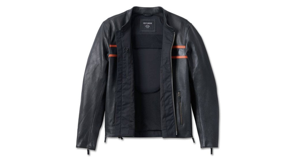 Open black Harley-Davidson leather jacket showing its lining and front construction