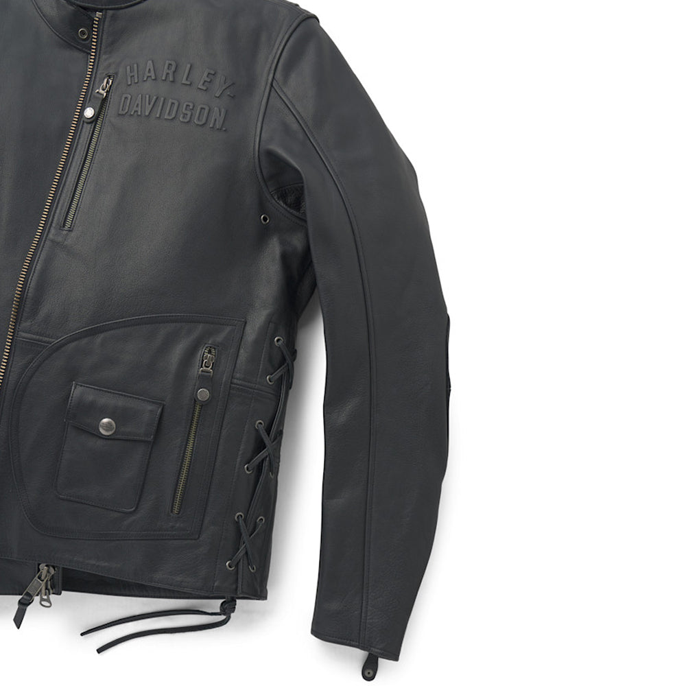 Close-up detail of the premium embossed Harley-Davidson branding on the front of the Panhead III jacket.