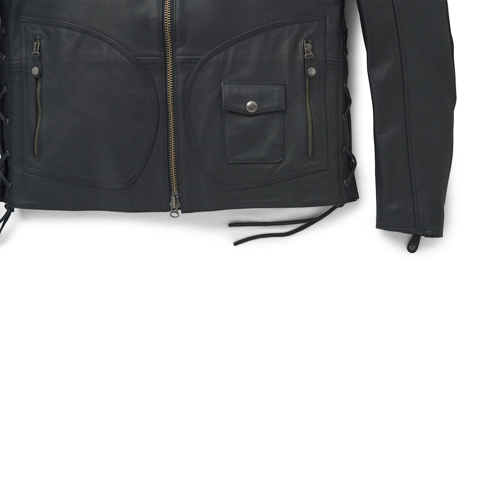 Close-up of the functional lace-up side seams on the buffalo leather jacket for a custom adjustable fit.