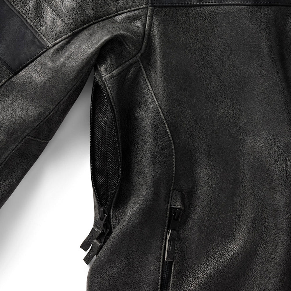 Detail view of the zippered cuffs with leather pull tabs and channel stitching on the Harley-Davidson Passing Link III.