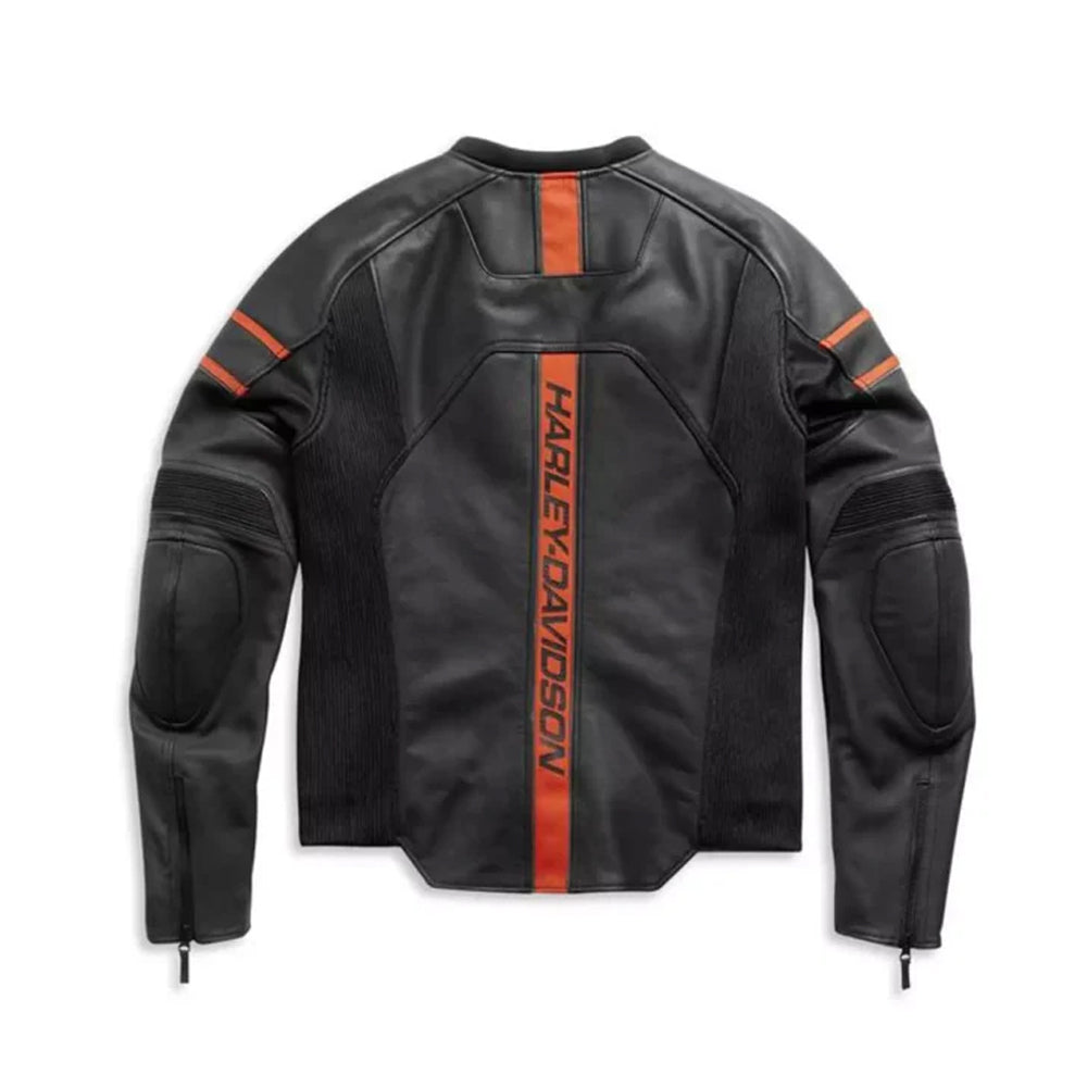 Rear view of the Harley-Davidson jacket featuring the iconic vertical orange logo stripe and reinforced elbow padding.