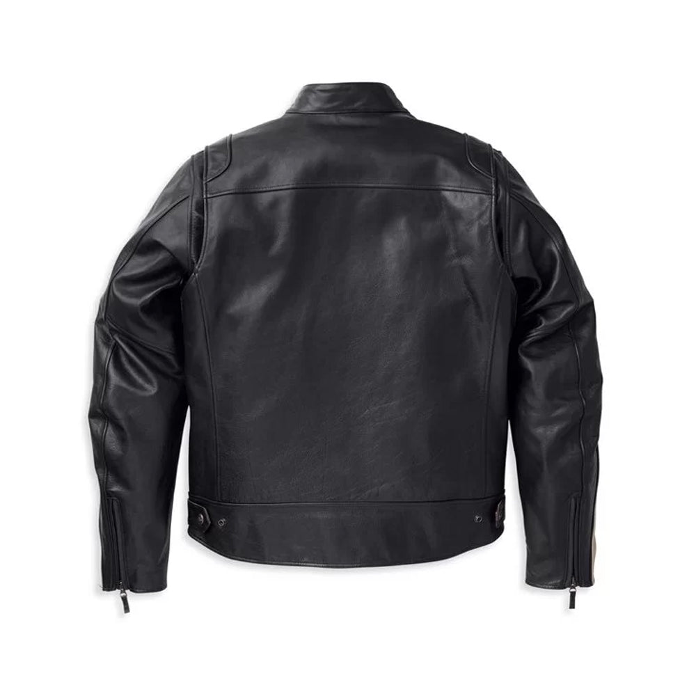 Rear profile of the Harley-Davidson riding jacket showing the clean leather back, waist adjusters, and reinforced shoulder stitching.