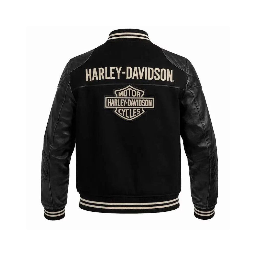Black Harley-Davidson varsity leather jacket, back view with logo patch