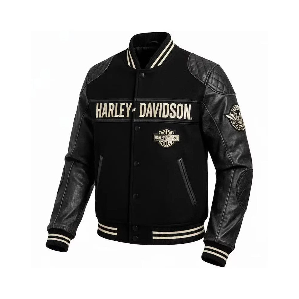Harley-Davidson inspired black varsity leather jacket, front view with quilted shoulders