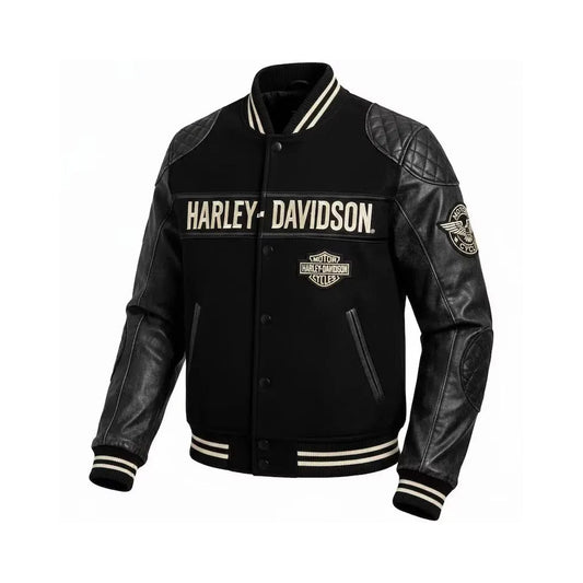 Harley-Davidson inspired black varsity leather jacket, front view with quilted shoulders