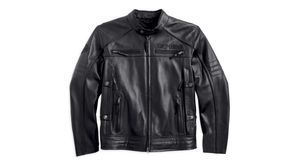 Men's black Harley-Davidson leather riding jacket with venting and armor-ready construction