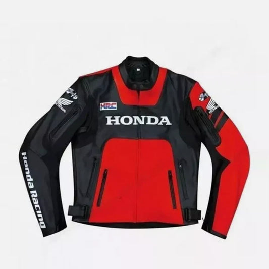 Honda Motorbike Riding Jacket in Red and Black Genuine Cowhide Leather