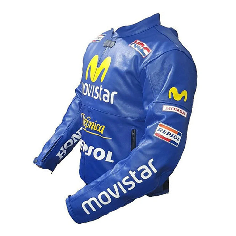 Side Profile of Honda Repsol Blue Biker Jacket with Arm Branding