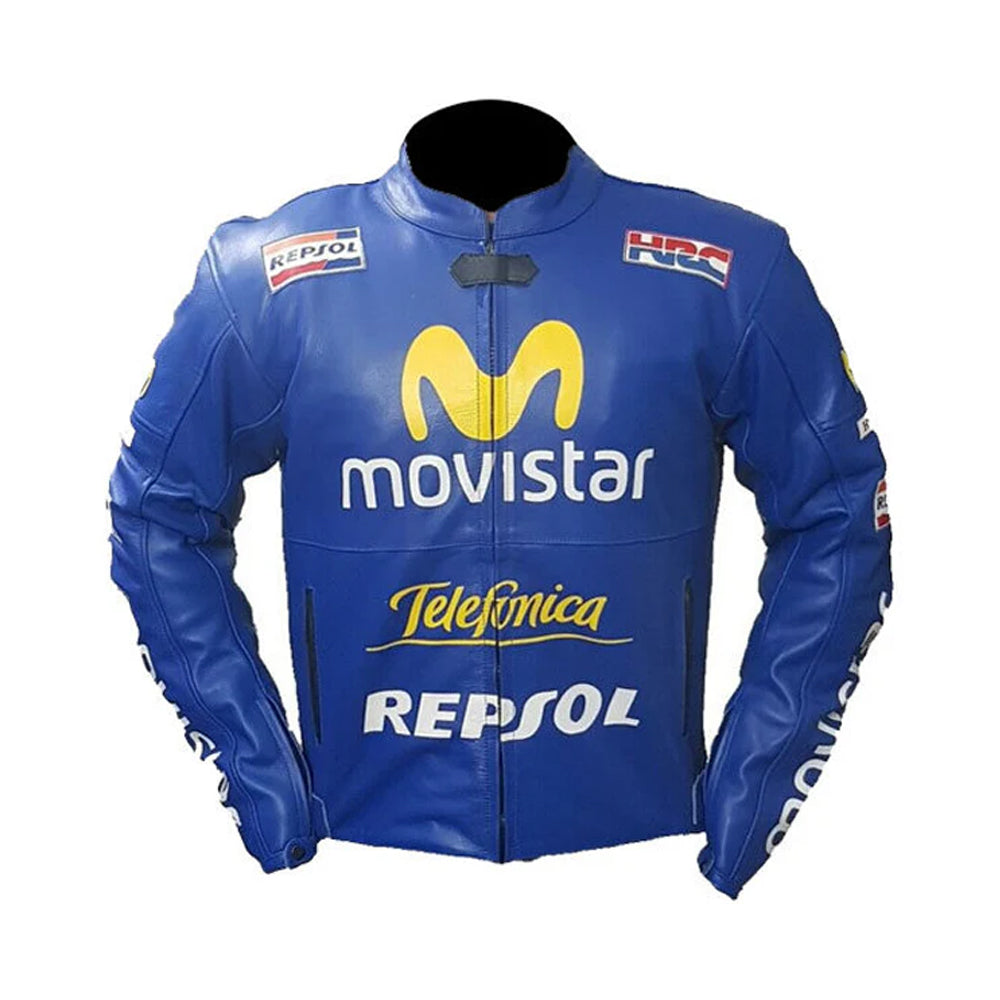 Front View of Blue Honda Repsol Cx Racing Jacket with Movistar Logo