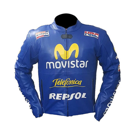 Front View of Blue Honda Repsol Cx Racing Jacket with Movistar Logo