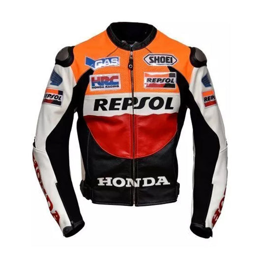 Classic Repsol Honda Leather Racing Jacket Front View with HRC Logos