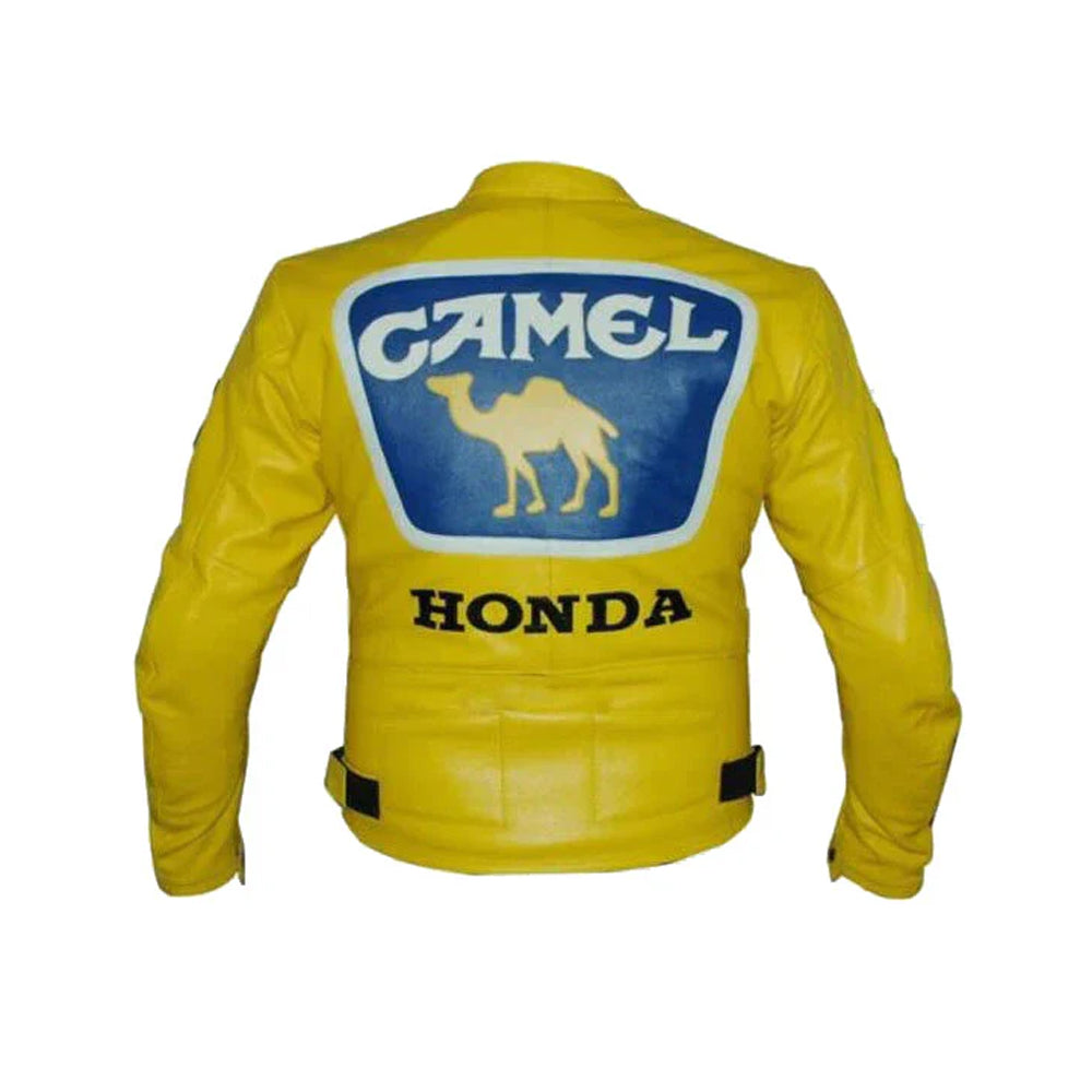 Back View of Racing Honda Yellow Jacket with Large Camel Racing Logo