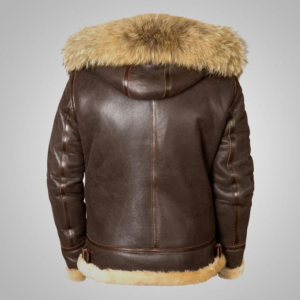 Rear view of hooded B3 bomber jacket with fur trimmed hood resting against back spine panel
