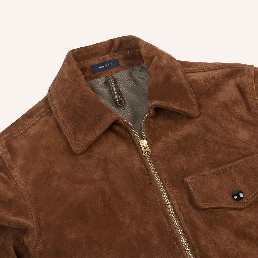 Close-up of Italian tobacco suede A-2 bomber showing the point collar, gold-tone zipper, locker loop and Made in Italy label.