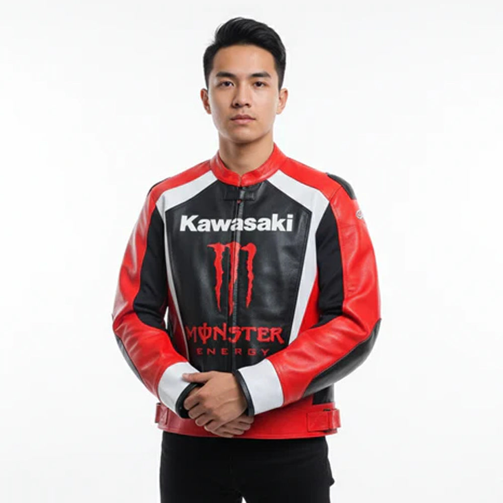 Front view of the Kawasaki Monster Energy motorcycle jacket in red and black leather with the Monster logo on the chest.