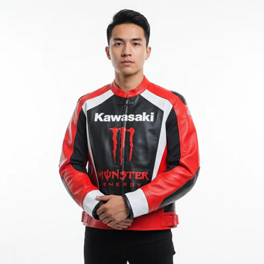 Front view of the Kawasaki Monster Energy motorcycle jacket in red and black leather with the Monster logo on the chest.