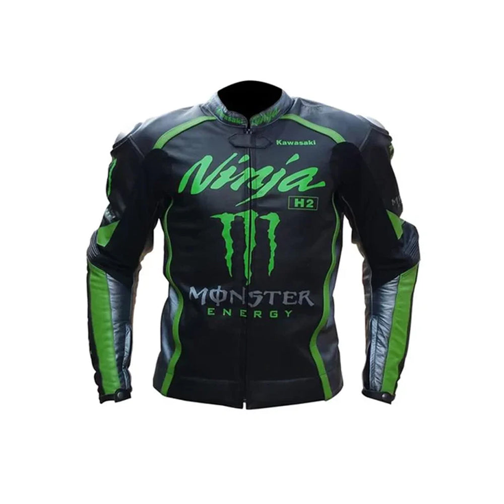 Front view of the Kawasaki Monster Energy Green racing jacket featuring the Ninja H2 logo and Monster claw branding on cowhide leather.