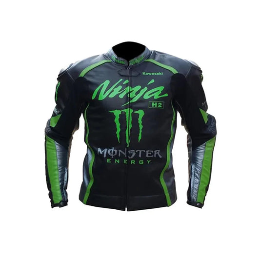 Front view of the Kawasaki Monster Energy Green racing jacket featuring the Ninja H2 logo and Monster claw branding on cowhide leather.