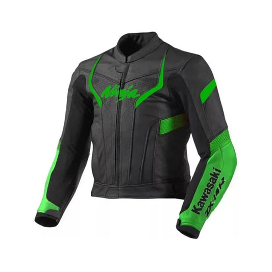 Front view of the Kawasaki Ninja ZX14R motorcycle jacket in black and lime green leather with Ninja branding on the chest.