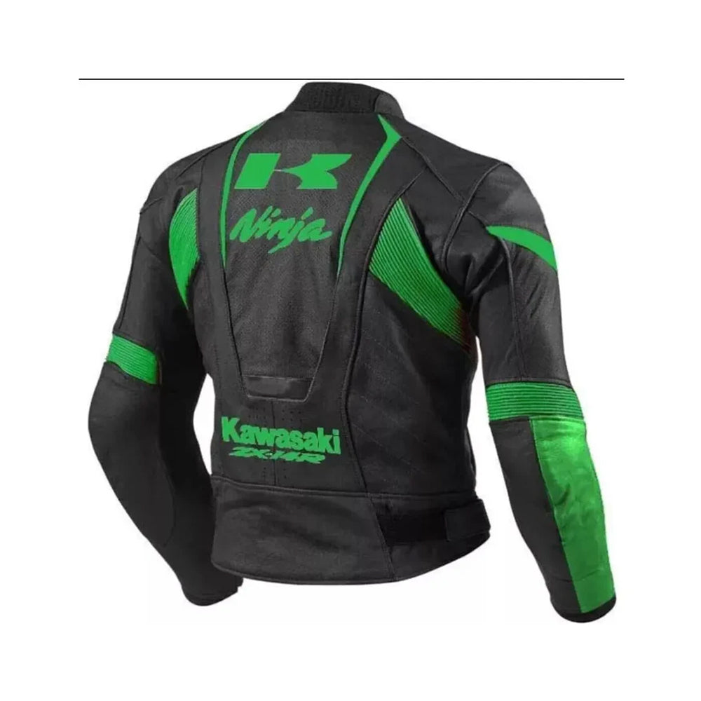 Rear view of the Kawasaki Ninja ZX14R jacket showing the large green 'K' logo and ZX14R embroidery on the lower back.