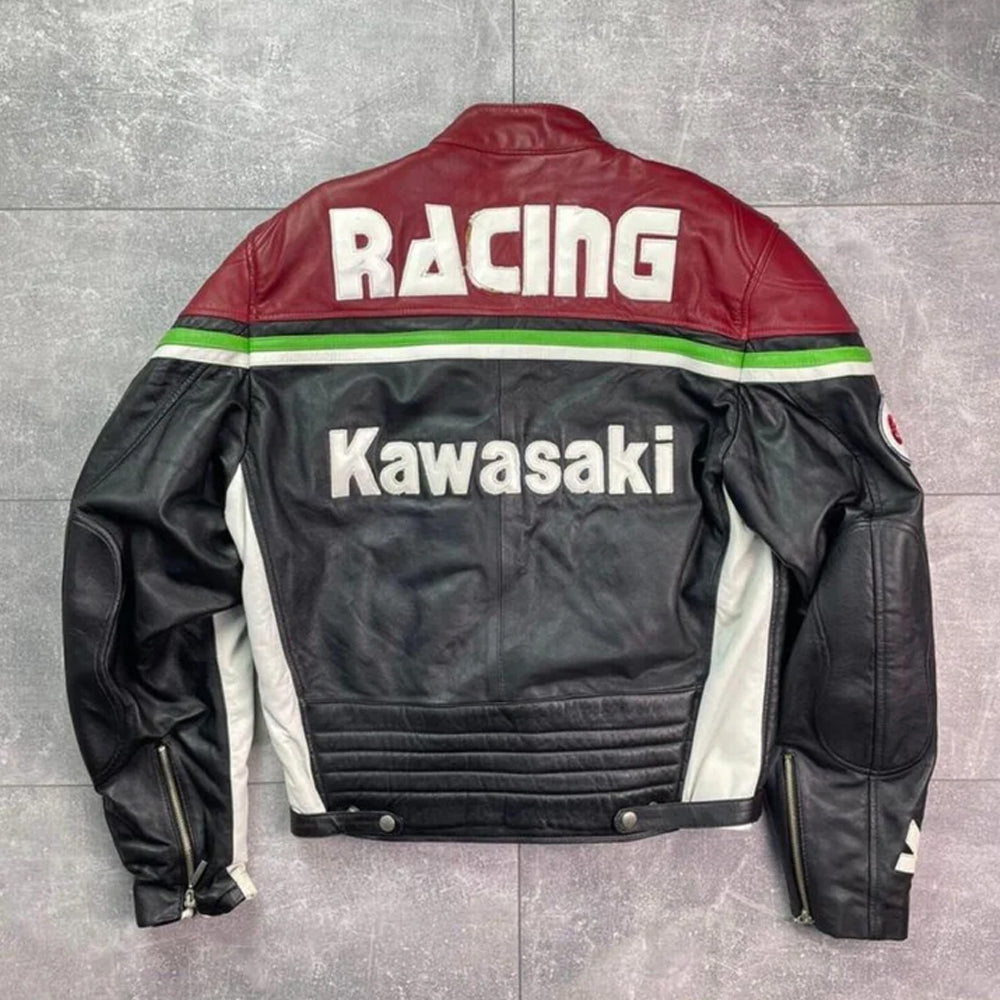 Rear view of the Kawasaki motorcycle jacket showing the bold white Racing and Kawasaki embroidery on a red and black leather chassis.