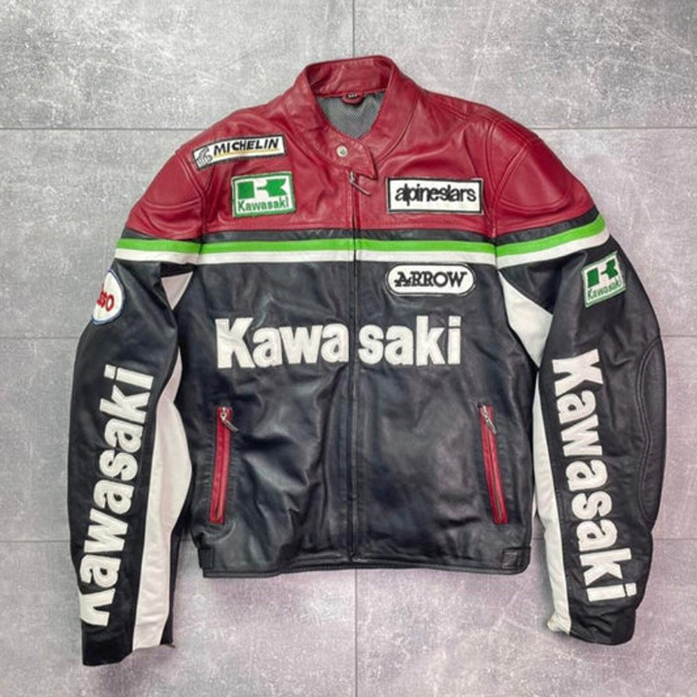 Front view of a Kawasaki Racing Team motorcycle jacket made of premium cowhide leather with Michelin and Alpinestars patches.