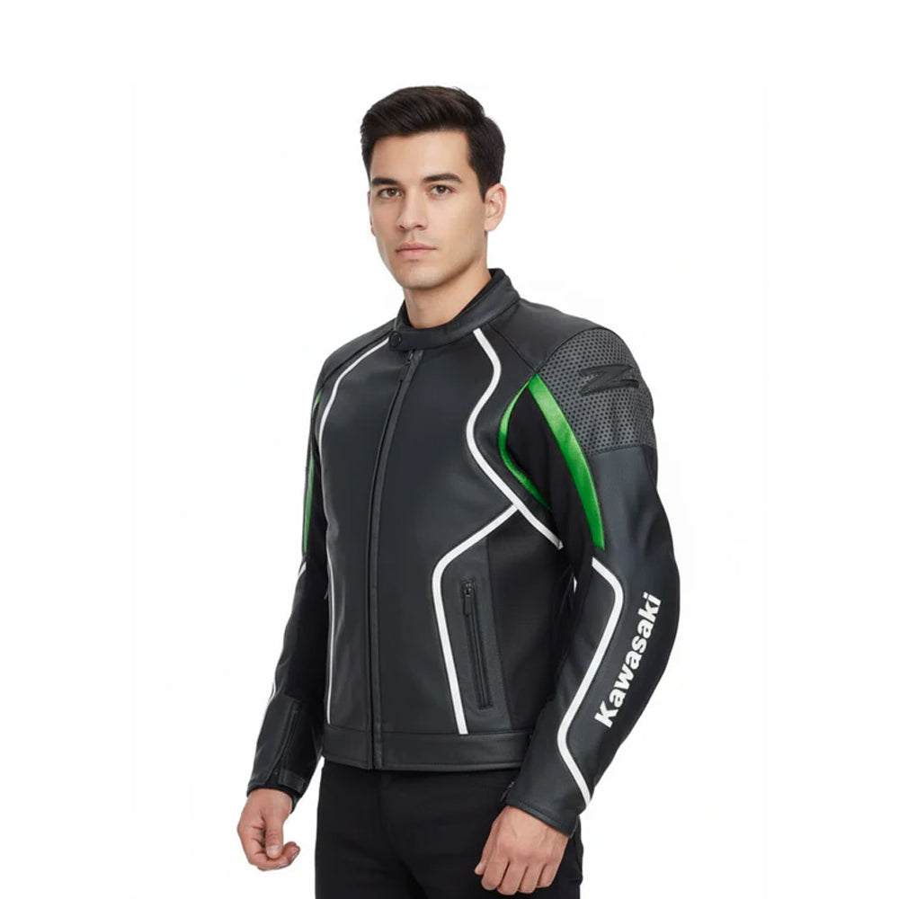Front view of a man wearing a stealth black Kawasaki racing jacket with white piping and lime green accents.
