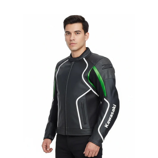 Front view of a man wearing a stealth black Kawasaki racing jacket with white piping and lime green accents.