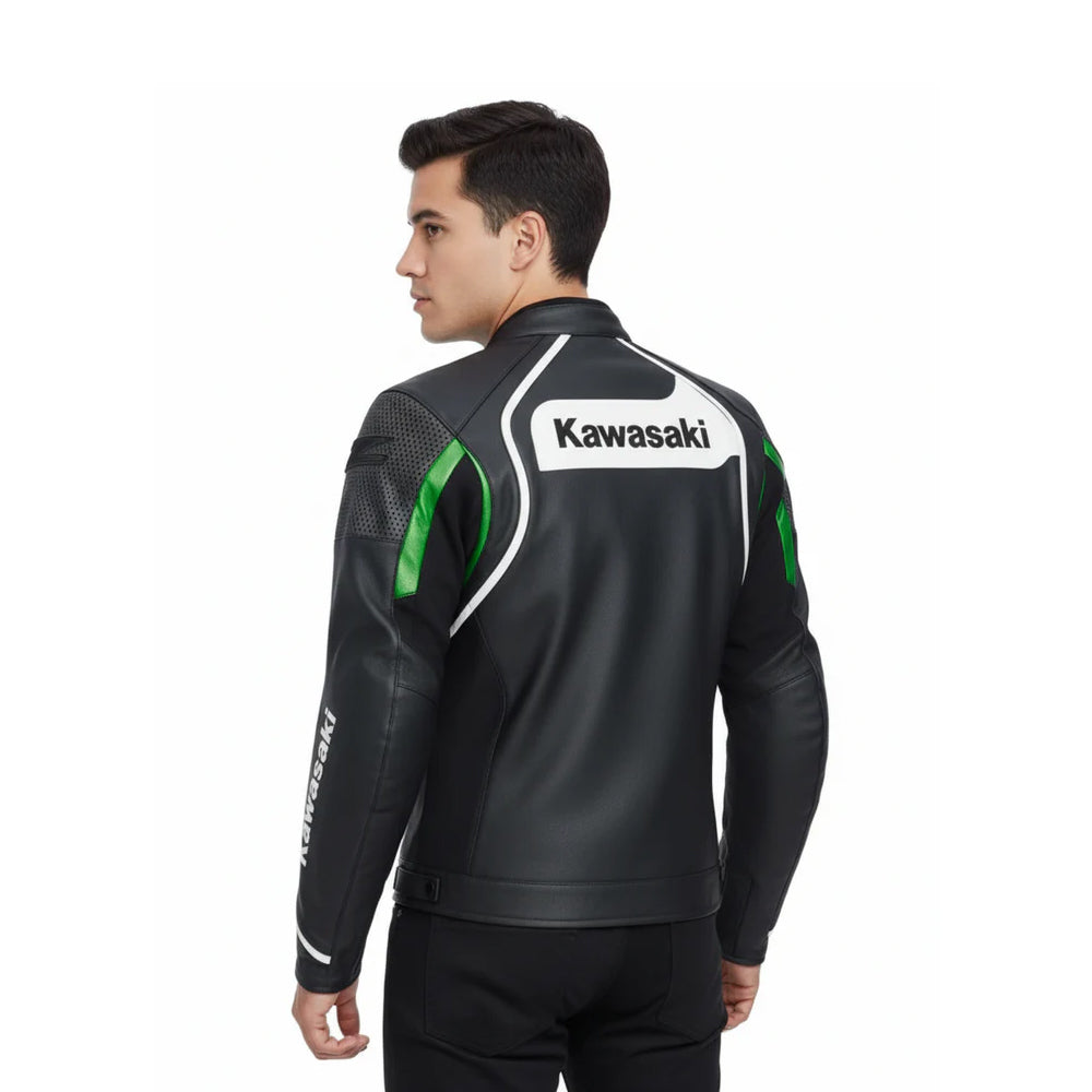 Rear view of the Kawasaki CE armored jacket showing the clean white Kawasaki logo box and protective shoulder texture.