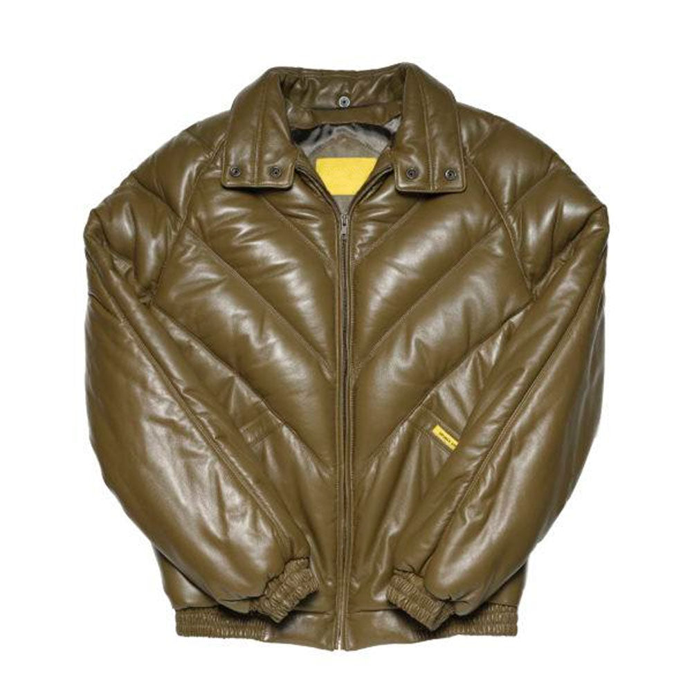The Khaki V-Bomber shown without the shearling collar for a clean, stand-collar leather look.