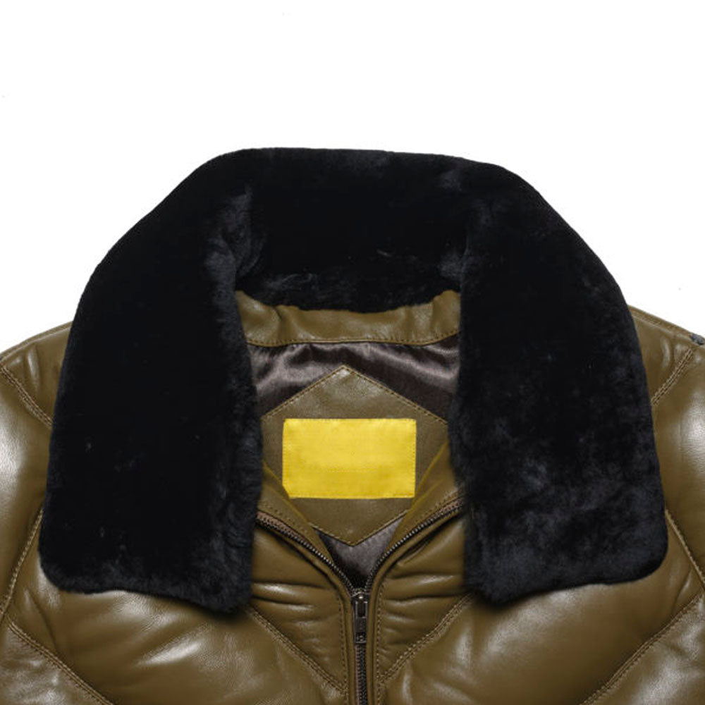 Close-up of the detachable black shearling wool collar and interior Double Goose woven label.