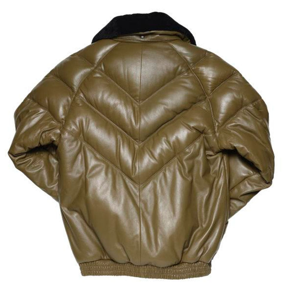 Rear view of the Khaki V-Bomber showing the iconic V-quilted stitching and premium lambskin.
