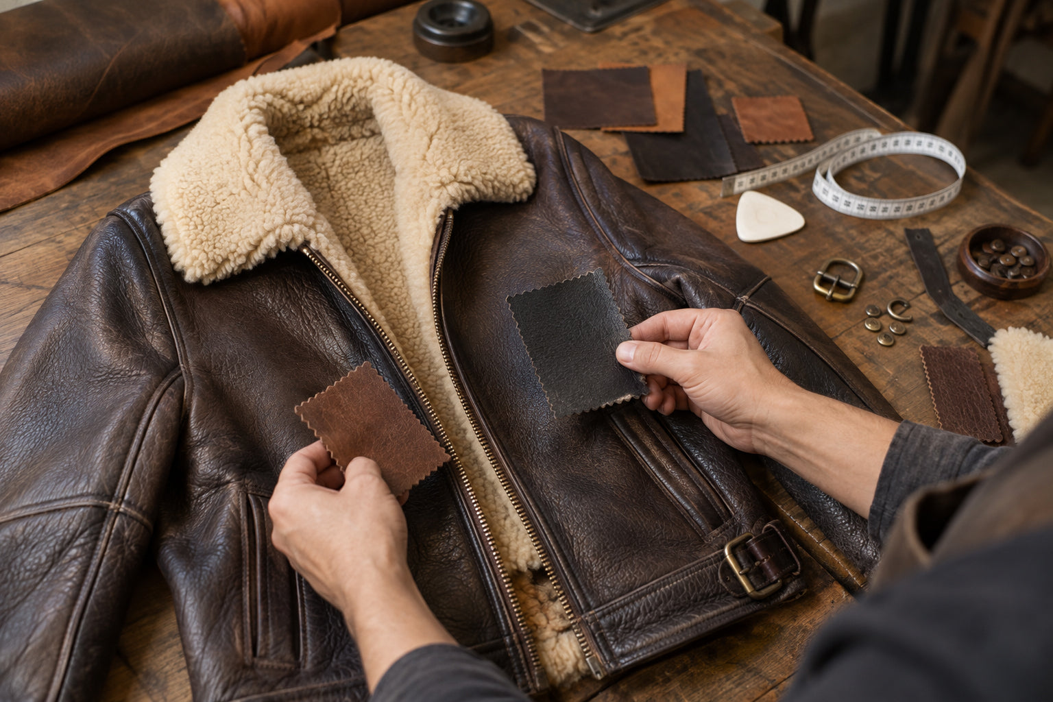 Natural brown leather swatches showing differences in grain and shade beside a genuine leather jacket