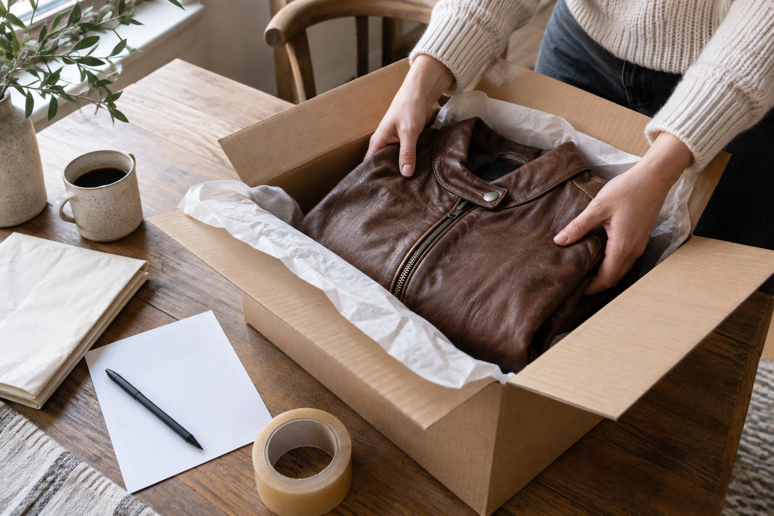 Customer packing an unused brown leather jacket for a return or exchange