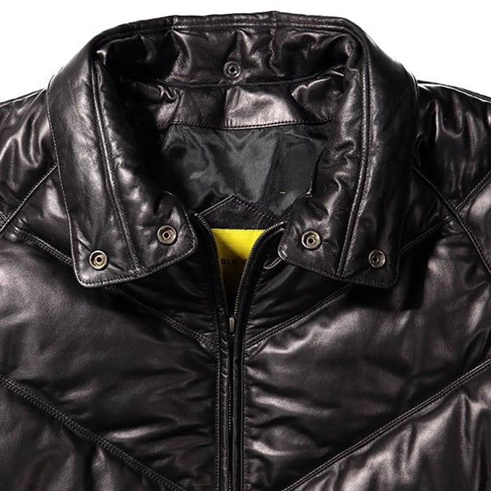 Close-up of leather parka collar with snap closures and YKK zipper pull