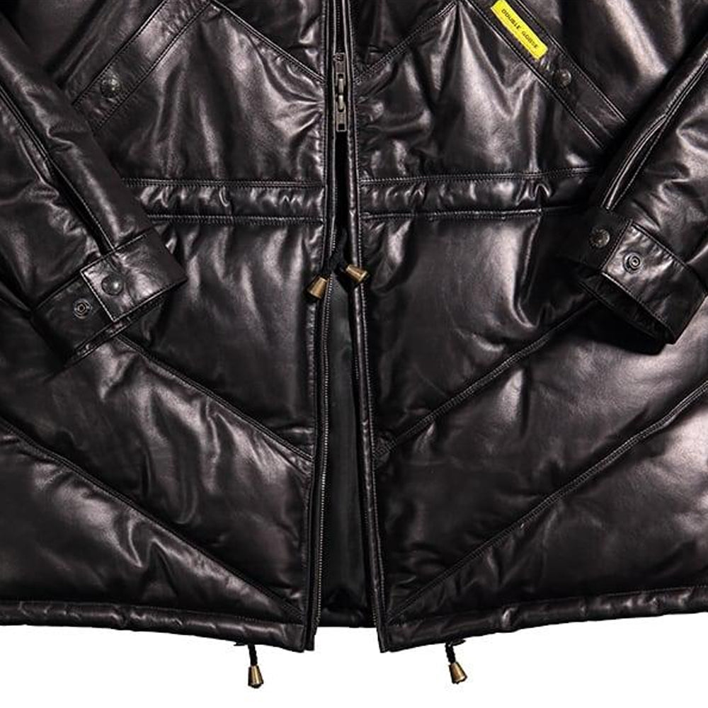 Close-up of leather parka hem with metal-tipped drawcords and Double Goose label