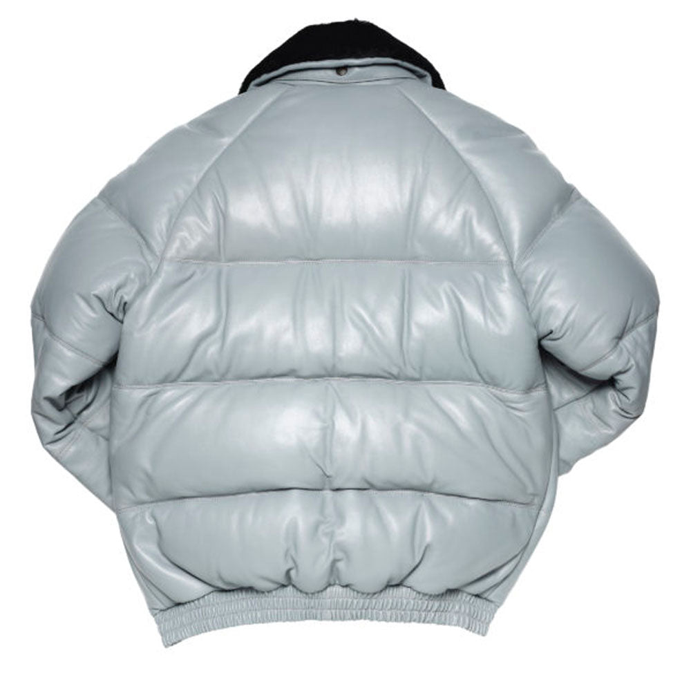 Rear view of the premium Light Grey leather bomber jacket showing tonal stitching and original silhouette.