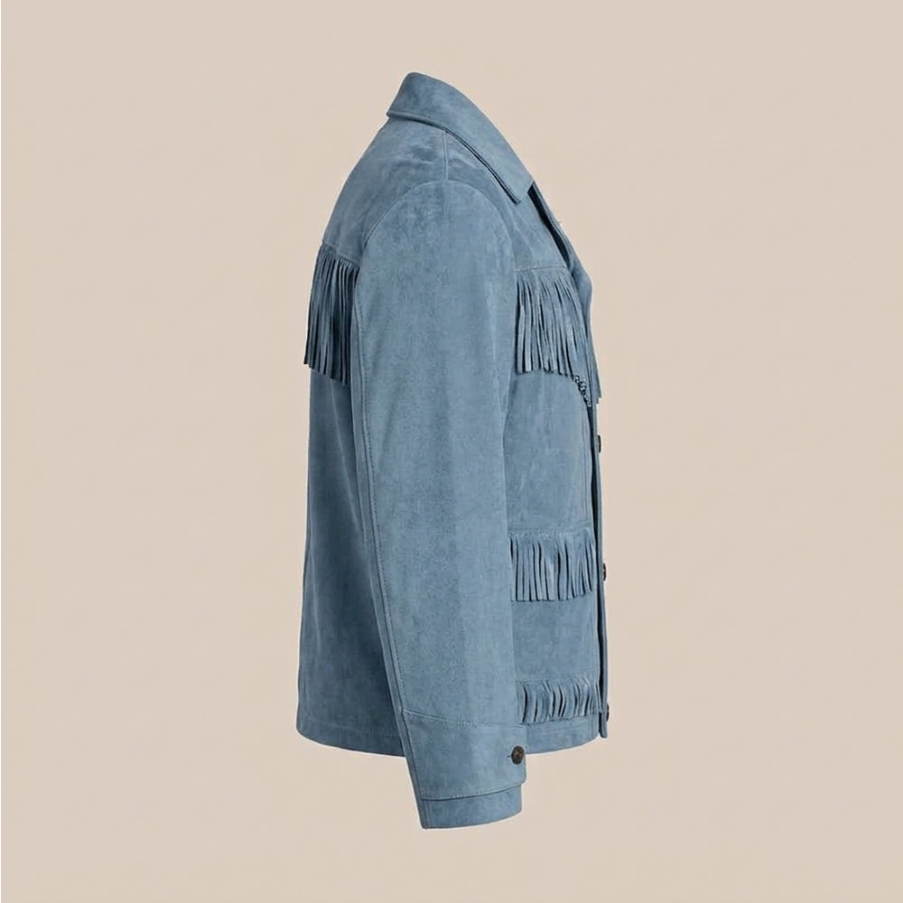 Side profile of light indigo suede fringe jacket with straight sleeve and upper-hip hem