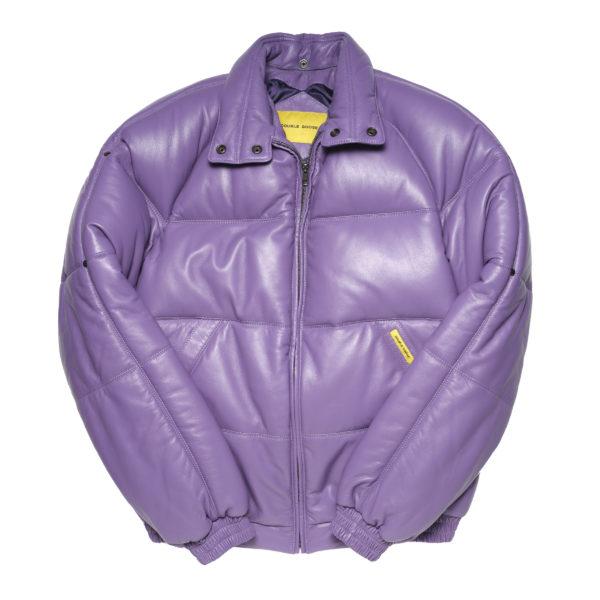 Front view of the lilac lambskin leather jacket shown without the detachable black wool collar attachment.