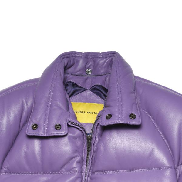 Close-up view of the clean, raw lilac lambskin leather jacket collar without the wool attachment.