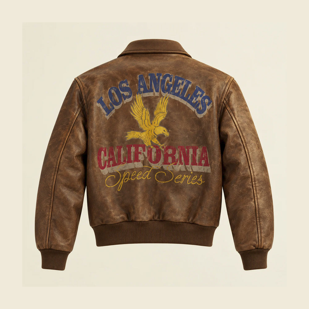Rear view of vintage brown leather bomber showing blue Los Angeles lettering, golden eagle and red California back print