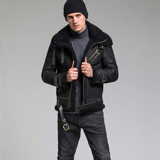 Front view of male model wearing all-black B3 asymmetric shearling biker coat with beanie and grey turtleneck