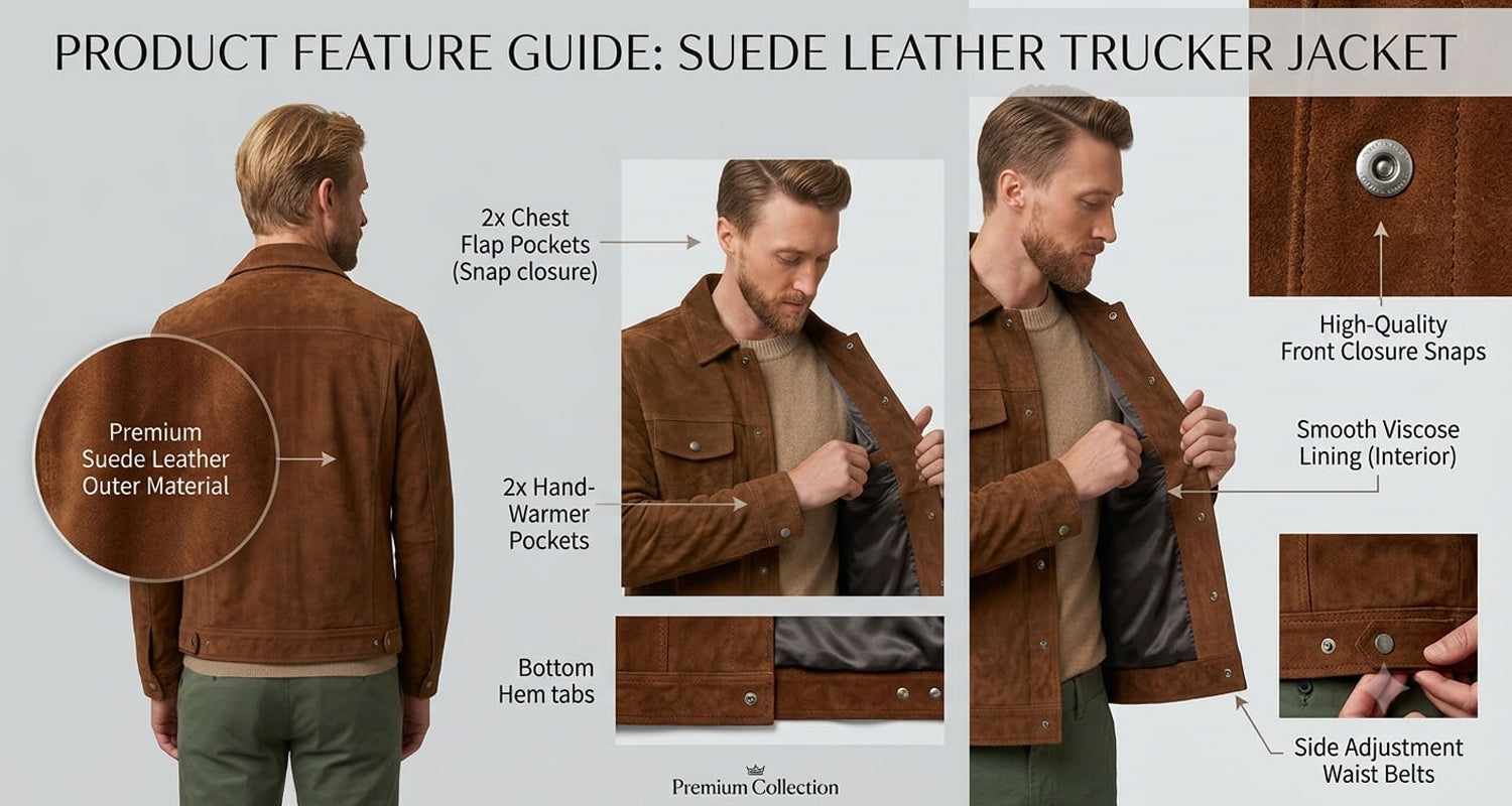Product feature guide for men's genuine suede leather trucker jacket in brown color showing pockets and lining details