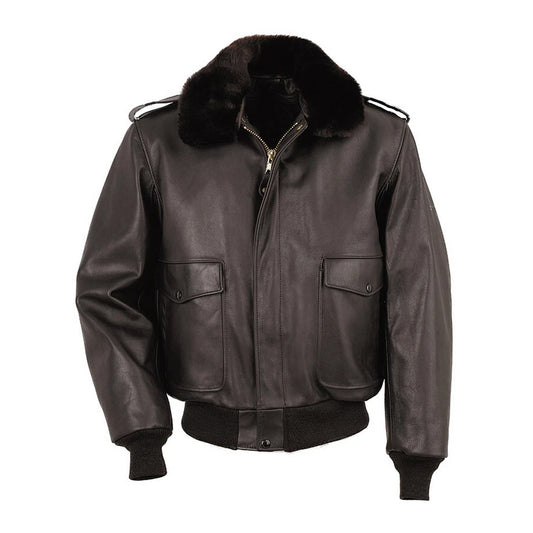 Front flat lay view of men's 4-in-1 dark brown leather G-1 aviator bomber jacket featuring plush fur collar and dual cargo pockets.