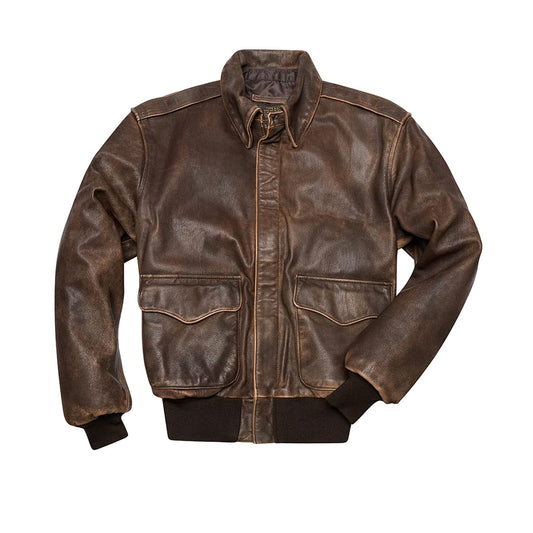 Flat lay front view of men's A-2 distressed vegetable-tanned goatskin flight jacket with snap collar and rib trim.